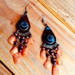 Brand New Rust Brown Tagua Coconut Handcarved Earrings Ecuadorean Large